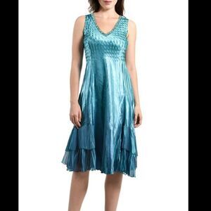 NWT NEW Komarov Blue Ombre Beaded Charmeuse and Chiffon Tier Dress. Size Medium